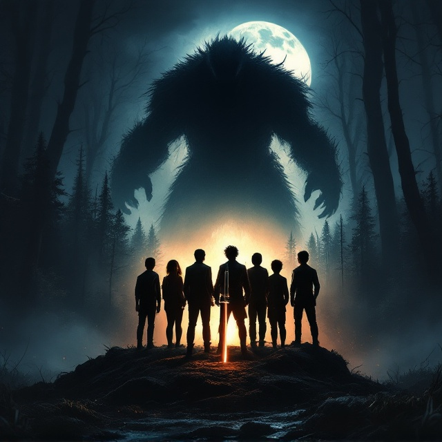 A dark, ominous night sky stretched over a mysterious forest. In the foreground, a slightly glowing katana stands embedded in the ground, hinting at a recent battle. In the backdrop, a monstrous silhouette looms, its features obscured by shadows, conveying an air of mystery and danger. Standing before it are five determined figures four boys and one girl, their postures exhibiting courage and readiness, each with unique characteristics hinting at their distinct personalities. The moon adds a silvery glow, casting dramatic shadows to enhance the atmosphere.