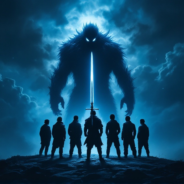 A dramatic night scene with a dark blue sky filled with ominous clouds. In the center, a gleaming katana stands upright, almost as if it's planted in the ground. Surrounding the katana are six silhouettes, their backs facing the viewer. They stand boldly in a V-formation, staring down a 30-foot tall, shadowy monster looming in the background. The monster's glowing eyes are fixed on the group, creating a sense of tension and imminent action. The scene is lit subtly by moonlight, enhancing the dark and mysterious mood with hints of comedic relief in the exaggerated stance of one character.
