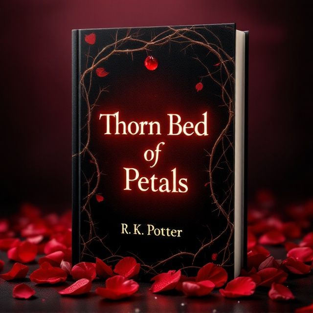 A rich, dark gradient flowing from deep crimson at the top to black at the base, giving an intense and mysterious atmosphere. Thorny vines silhouette subtly across the background, interwoven with delicate rose petals. The thorns and petals coexist, representing struggle and beauty. A single droplet of dew or blood adds a poignant detail, catching the viewer's eye. A gentle halo of light emphasizes the title area.
