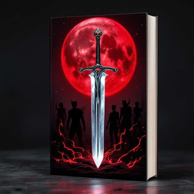A dark and mysterious scene set under a crimson moon, with shadowy demon silhouettes in the background. The centerpiece is a gleaming silver sword, elegantly positioned upright. Surrounding the sword are three dynamic characters in adventurous poses, each with expressions that convey a mix of cool confidence, humor, and serious intent. Red wisps of energy swirl around the scene, adding depth and intrigue.