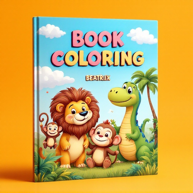 The cover features a vibrant scene with a bright orange backdrop. In the foreground, a playful group of cute animals—including a lion with a fluffy mane, a cheeky monkey swinging on a low vine, and an adorable dinosaur with a friendly smile—are all gathered together, posing joyfully for a photograph. The clear blue sky adds a cheerful backdrop, with occasional fluffy white clouds that imply a beautiful day.