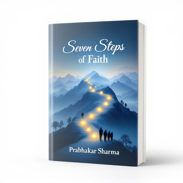 A serene blue and grey mountain range forms the backdrop, symbolizing the journey. Seven glowing orbs light the path along the mountains, each representing a significant religious place. Silhouettes of diverse cultural symbols delicately merge into the landscape, offering hints of various faiths. A group of friends, their outlines in soft shadows, are seen at the edge, beginning their inspirational journey.