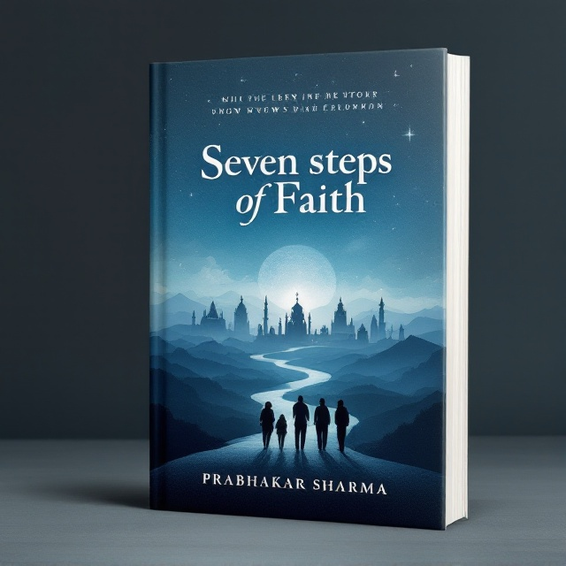 The cover features a serene landscape scene with seven distinct religious landmarks silhouetted against a blue and grey horizon. In the foreground, a group of friends is depicted walking on a path that winds from the bottom of the cover to the horizon, symbolizing their journey. The sky is adorned with subtle, spiritual symbols, and there's a gentle gradient from deep blue to soft grey, evoking a sense of tranquility and spirituality.