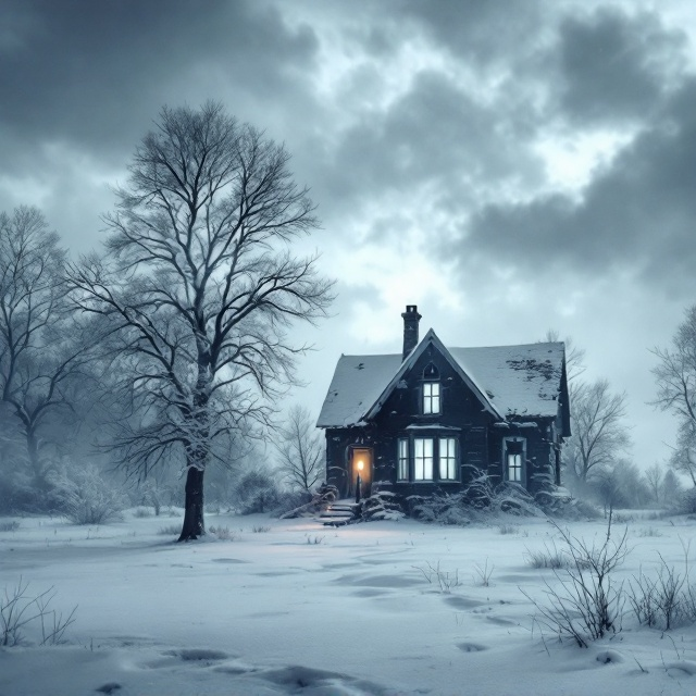 The cover features a stark, wintry landscape entirely bleached by snow, capturing the monochrome blur of white mentioned in the text. In the foreground, the silhouette of a vacant, dilapidated house stands with the window panes outlined in cold, spectral light. The sky is overcast, a blend of dark greys swirling ominously, casting an eerie glow. In the window, a lone candle flickers weakly, a symbol of hope amidst desolation. The title, "Secrets Untold By AnyOne/No One," is incorporated into the snowy scene, as if it’s etched into the snow itself, shadowed by the looming silhouette of barren trees.