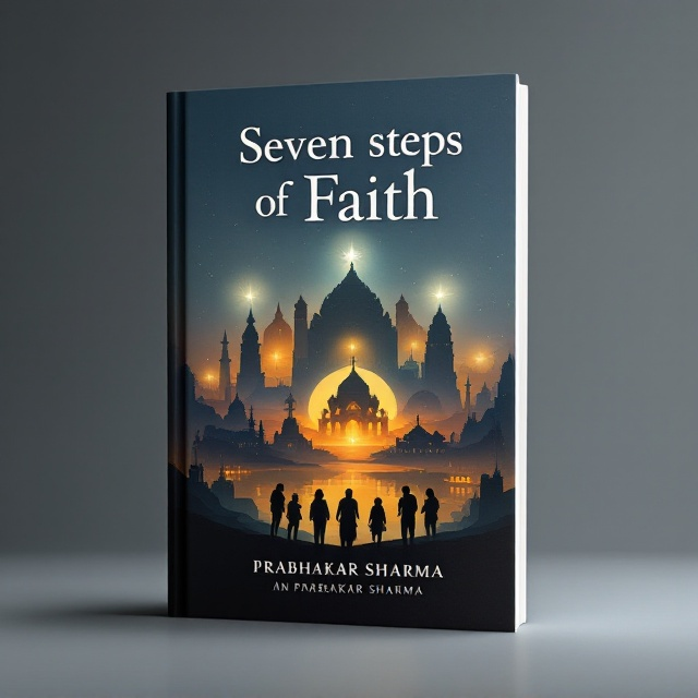 A montage of seven distinct cultural and spiritual landmarks from India, each fading into the next, creating a seamless journey around the cover. In the foreground, silhouettes of a group of friends in various poses of awe and discovery. A soft halo of light emanates from each landmark, suggesting spirituality. The background is a gradient of blue-grey fading into black, symbolizing the depth and mystery of their journey. Elements of orange and yellow are subtly infused in the halos and silhouettes to add warmth and hope.