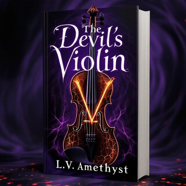 The foreground features a striking, dark violin standing upright, capturing the viewer's attention. The violin's surface glimmers with an almost malevolent shine, its wood seeming alive. The veins-like glowing cracks in tones of molten gold and crimson hint at its supernatural essence. A frayed string subtly underscores a sense of impending dread. The background is a deep, shadowy purple swirl, enhancing the violin’s enigmatic presence and drawing in viewers with its mysterious allure.
