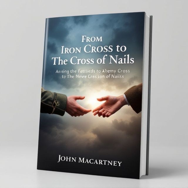 Two hands reaching out toward each other across the center of the cover, with one hand clad in a military uniform sleeve and the other in a civilian or more peaceful attire, embodying the themes of parting and transition. The background is a gradient that shifts from a dark, stormy grey at the bottom to a lighter, hopeful sky blue at the top, symbolizing the journey from despair to hope.