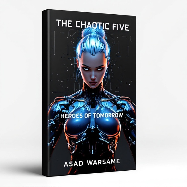 An imposing female high-tech robot is positioned centrally in the background, exuding strength and futuristic appeal, with intricate digital patterns reflecting light. Above her head, the title "The Chaotic Five Heroes Of Tomorrow" appears in a sleek, metallic font, styled to integrate with the high-tech theme. The background is predominantly black, enhancing the robot's metallic blue and silver hues. At the lower bottom, "Asad Warsame" is prominently displayed in a contrasting, clean white font.