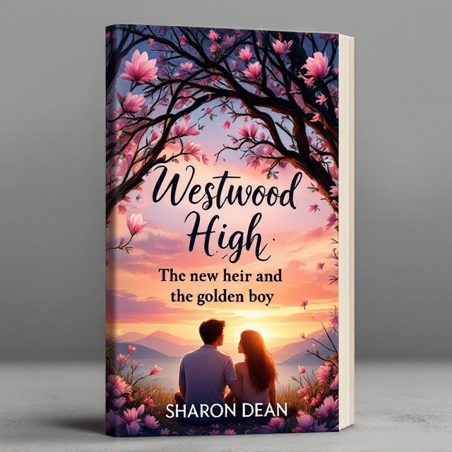 A serene illustration featuring a young couple sitting with their backs to the viewer under the spreading branches of a magnolia tree. Their heads are gently leaning together as they gaze at a breathtaking sunset that paints the sky in hues of orange, pink, and purple. Blossoming magnolia flowers can be seen scattered around them, contributing to a romantic atmosphere.