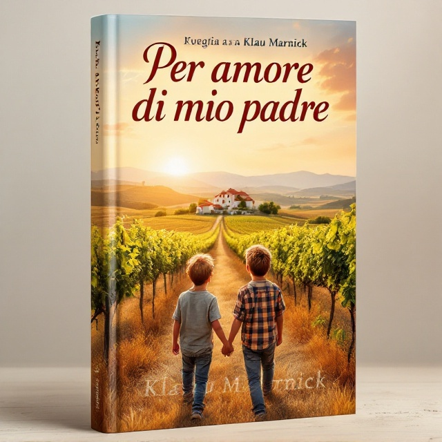 The cover features a picturesque Puglia countryside with golden sun-kissed fields and a serene countryside house enveloped by lush grapevines. In the foreground, two identical twin boys with broad smiles, holding hands, convey the emotions of love, friendship, and happiness. The sky is painted with warm hues of orange and pink, symbolizing the love and warmth of family ties.