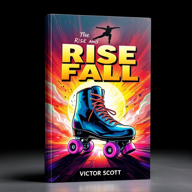 A dynamic illustration of a vibrant roller skate bursting through the foreground, with the background showcasing a gradient from a bright sunrise to a deep sunset, symbolizing the rise and fall theme. A shadowy figure of a skater in mid-trick hovers above, adding a sense of motion and suspense.