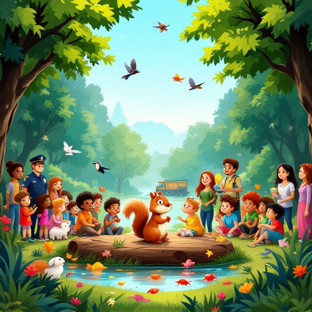 A bright and colorful scene featuring children of various ethnicities gathered around a story-telling circle. The main background displays a modern-day lush forest with trees on both sides. At the center is a large log where a playful squirrel stands, surrounded by lively animals such as a lamb, birds, and a woodpecker. Nearby, a small pond hosts jumping fishes. In the background, a smiling police officer and a teacher interact with a dump truck in the distance, indicating a community setting.