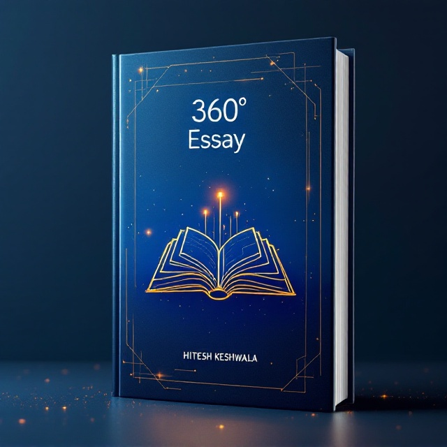 A deep blue and gold gradient background forms the base, symbolizing premium quality. An abstract icon of an open book with digital pen lines is centrally placed, signifying writing and knowledge. Behind it, there is a subtle, almost ethereal image of the Gujarat Assembly, suggesting governance. Light geometric patterns quietly grace the edges, creating a contemporary and dynamic feel.
