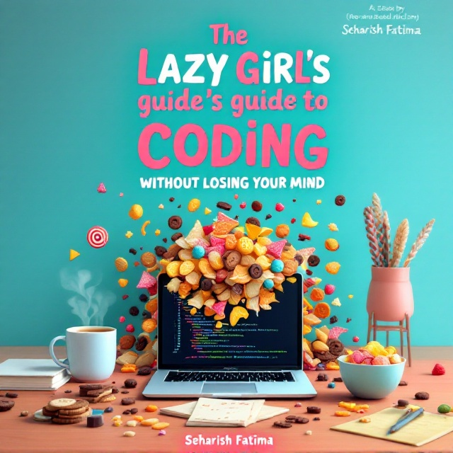 The cover features a vibrant and cozy home workspace illustration. At the center, a cascading snack pile composed of chips, chocolates, and cookies whimsically spills over a desk. A sleek, open laptop displays lines of colorful JavaScript code. Around the central elements, scattered fun doodles of candy-shaped code snippets and snack icons add playfulness. The upper portion showcases the title in bold, animated typography, exuding excitement and energy, while the lower edge contains a quirky tagline. The teal hue saturates the backdrop, enhancing the lively vibe. A steaming coffee cup rests prominently to add a touch of warmth.