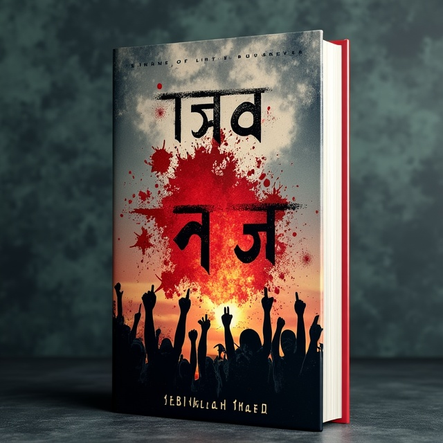 The cover features a dramatic, stormy sky with dark, swirling clouds to evoke a sense of unrest. In the foreground, silhouettes of protestors with raised fists are visible, symbolizing revolution. Splashes of red, mimicking streaks of blood, streak the cover, creating a compelling visual impact. An abstract representation of the Bangladesh map, accented by elements of fire and flags, subtly integrates into the background.
