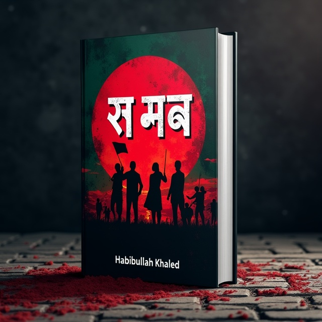 A dark, shadowy background with an abstract depiction of the Bangladesh flag. In the foreground, silhouettes of revolutionaries, some holding flags, are set against a dramatic blood-red horizon. The ground appears to be a mix of cobblestones, hinting at historic streets, with scattered red stains representing blood.