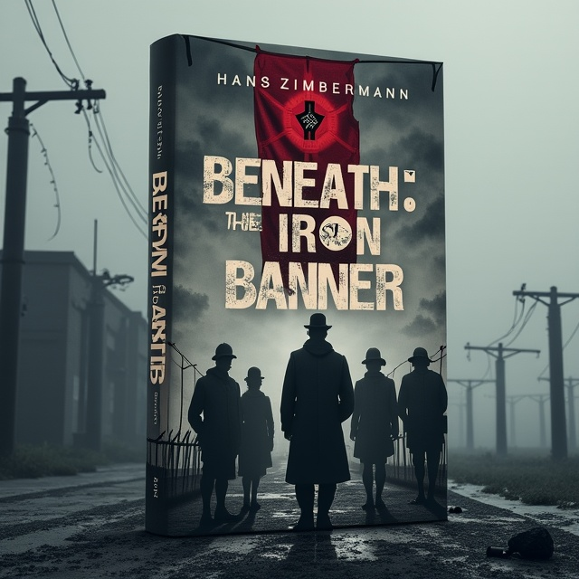 The cover features a grim and somber wartime scene in a mist-covered European city during WWII, embodying an atmosphere of mystery and melancholy. Central to the cover are six shadowy silhouettes – four protagonists in varied wartime attire and two antagonists, positioned like puppeteers with subtle malevolent expressions. The backdrop is dominated by industrial structures and barbed wires under a bleak sky. A singular vibrant red banner with an iron emblem waves subtly in the background, offering the only contrast in the grey-toned palette.