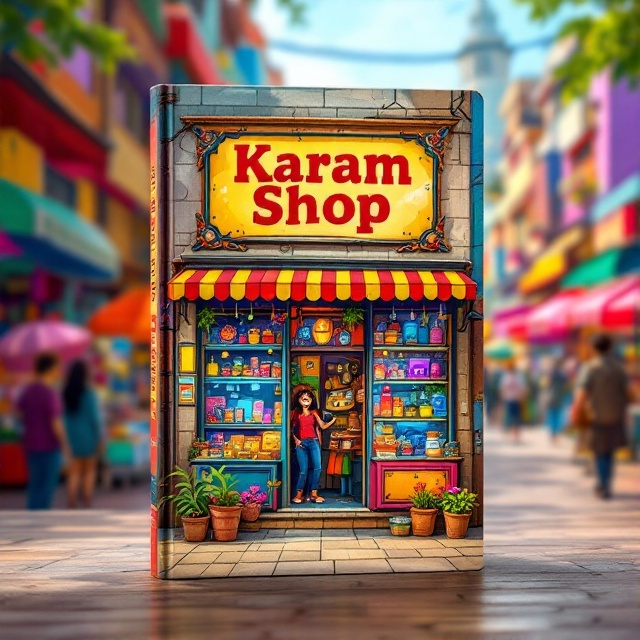 standing book mockup, Its title is "Karam Shop". Its author name is Kareem Reda.  A vibrant illustration of a bustling, colorful shop with various intriguing items displayed in the windows. The background is a lively market scene, filled with shoppers and an array of vividly colored stalls, creating a sense of excitement and movement. The shop in the foreground prominently features the title "Karam Shop" on a large, inviting sign above the door. A bold, modern font for the title "Karam Shop," choosing a style that captures energy, such as a playful sans-serif typeface. The author's name, Kareem Reda, would be set in a clean, elegant font that stands out but complements the title., Title placed centrally at the top above the shop illustration, catching the eye immediately. The author's name is elegantly displayed at the bottom in smaller size. Visual elements such as the shop and market scene occupy the central space to draw the viewer's focus.