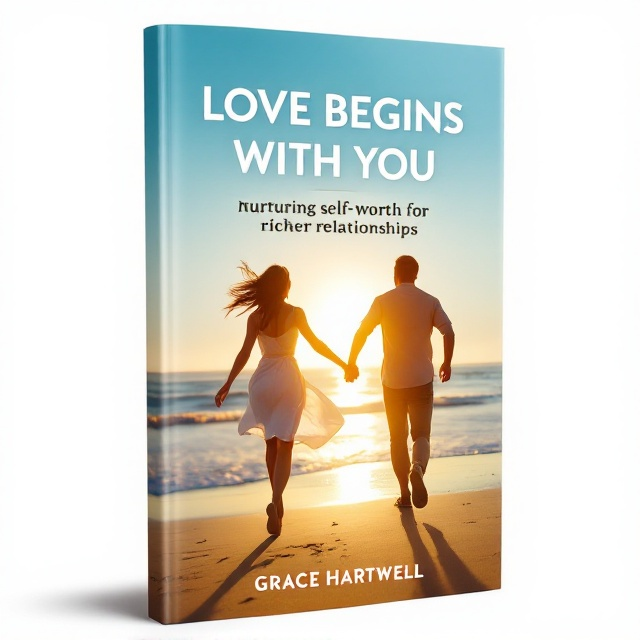 standing book mockup, Its title is "Love Begins with You: Nurturing Self-Worth for Richer Relationships". Its author name is Grace Hartwell.  The cover features a serene scene of a lady and a man running hand-in-hand along a sunlit beach. The background shows a clear blue sky and gentle waves, conveying a sense of freedom and tranquility. The couple is in silhouette, symbolizing unity and self-discovery, while the sun is setting, casting a warm golden hue across the scene. A combination of a bold, sans-serif font for the book title to convey strength and modernity, and an elegant script font for the author’s name to add a personal and inviting touch., The title is prominently displayed at the top, with "Love Begins with You" in larger font size. Beneath, "Nurturing Self-Worth for Richer Relationships" is in a smaller font. The author's name, Grace Hartwell, is located at the bottom, all text in white to contrast with the warm tones of the sunset.
