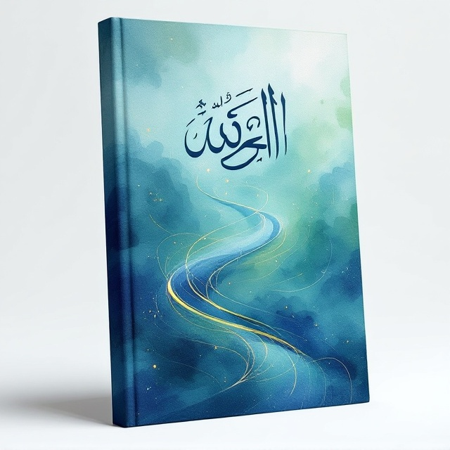 The cover features an abstract watercolor pattern in shades of deep blue and soft green, symbolizing peace and tranquility. A subtle illustration of a spiritual journey through a swirling trail leads the eye up the cover, evoking an ethereal sense of ascension. Delicate gold foiling highlights the edges of the swirls, adding a touch of elegance and divine beauty. The title "روح وريحان" is centrally placed in large, ornate calligraphy that complements the theme.