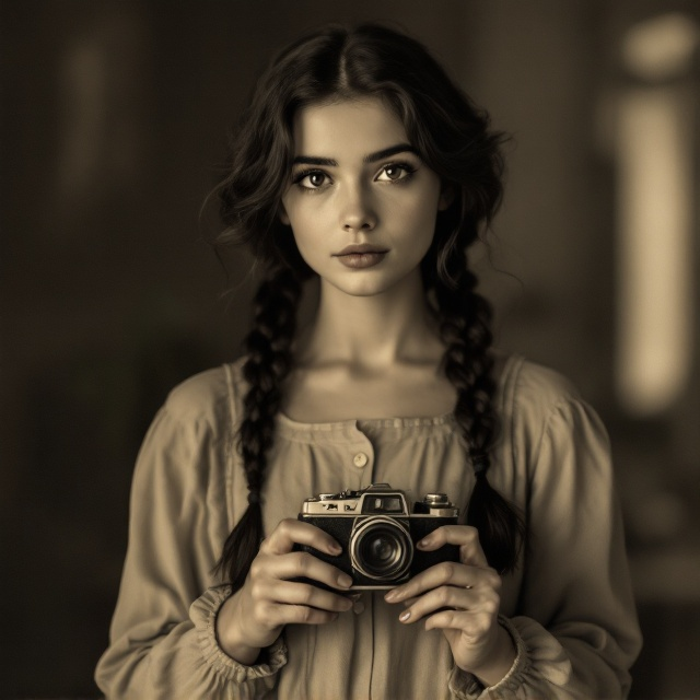 The cover features a sepia-toned portrait of a fictional fifteen-year-old Italian girl with large dark eyes and heart-shaped lips. Her long black hair is styled in two thick braids with a middle parting. She wears a delicate, light-toned dress typical of 1940s northern Italian farm families. She is holding a vintage camera, suggesting her interest in capturing moments. Presented in a portrait shot from head to hips, she stands indoors with a blurred background, giving focus solely to her. The stylish composition reflects a classic yet mysterious ambiance.