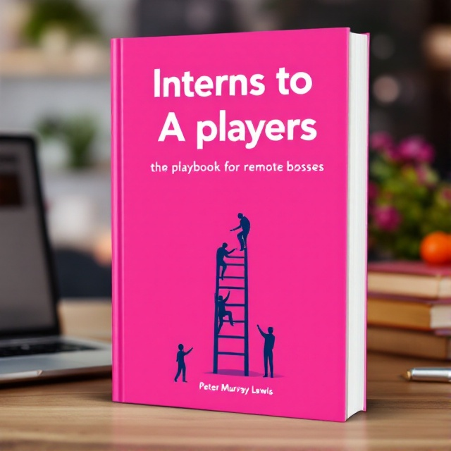 A remote office setting in the background with a desk and laptop, symbolizing a work environment. In the foreground, a symbolic illustration of a ladder leading upward, with figures ascending it, representing growth from interns to A players. The strong pink color dominates the cover, contributing to a dynamic and energetic feel.