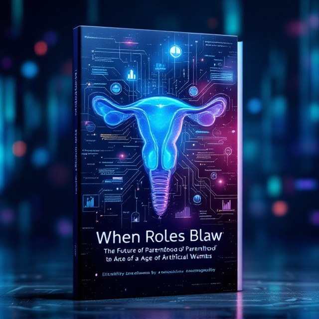 A dynamic conceptual diagram of an artificial uterus occupies the center, surrounded by floating liquidity and interchangeability symbols. In the background, the subtle digital coding sequence flows continuously, merging with abstract data charts. The color palette consists of futuristic neon shades of blue, purple, and green, evoking a sense of technological advancement and exploration.