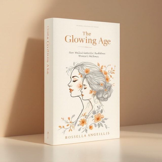 A photorealistic 3D hardcover book mockup is positioned at a slight angle to show depth and richness. The cover features an elegant, minimalist line art illustration of a woman's profile embellished with delicate floral elements in orange and grey, set against a cream background. The illustration transitions seamlessly from the young woman’s profile to the older woman's silhouette, suggesting growth and lifelong beauty. The setup is framed with professional studio lighting, highlighting the textural details of the hardcover.