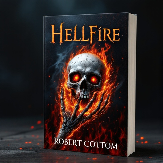 A dark, shadowy background with intense, swirling flames dominating the lower half of the cover. Emerging from these flames is a gnarled, skeletal hand with scorched flesh, clutching a cracked, sinister-looking skull. The flames illuminate the skull in an eerie manner, casting dark shadows across its hollow eye sockets.