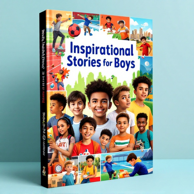 A vibrant collage showcasing ten boys, each engaged in their respective actions, with each segment of the collage transitioning smoothly into the next. The background features elements related to each story, like a track, a workshop, a city skyline, a serene park, an art studio, a football field, a swimming pool, a mountainous landscape, a laboratory, and a rally setting. The bright colors create a lively and adventurous atmosphere.