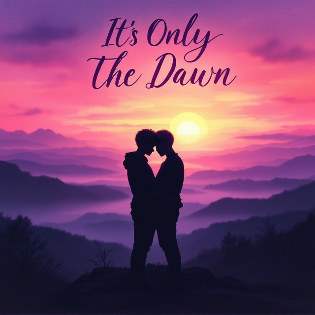 Two boys are positioned in the foreground, tenderly holding each other, silhouetted against a breathtaking dawn landscape. The horizon glows with shades of purple and warm oranges, blending harmoniously with the dark shadows of the boys. The landscape includes subtle elements like softly rolling hills and a hint of an awakening world, softly brushed in pastels to maintain focus on the emotional connection of the boys.