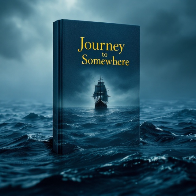 A mysterious, mist-shrouded ocean with deep navy blue water stretches across the cover. A lone ship, crafted in a classic dark academia style, sails on the ocean amidst a slightly turbulent sea, its silhouette highlighted against a cloudy, overcast sky. The moodiness of the clouds adds depth and intrigue, while the subtle play of shadows and light evokes a sense of mystery and exploration.