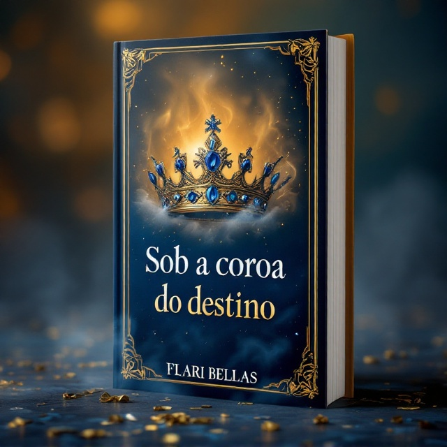 A crown, elegantly tilted, sits prominently in the center of the cover, appearing both regal and mysterious. The crown is adorned with sapphire-blue gemstones that shimmer against a rich, golden backdrop. The background is a blend of deep blue and gold, creating a gradient that symbolizes both serenity and opulence. Wisps of fog curl around the base of the crown, adding a sense of mystery and allure.