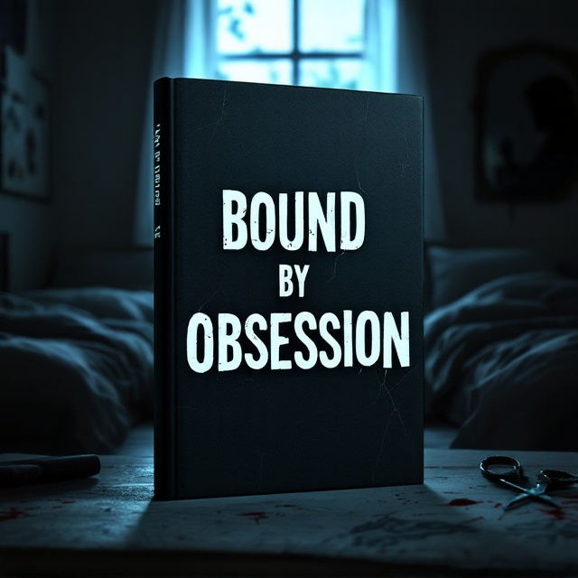 A dimly lit college dorm room scene dominates the cover, with two beds on either side. On the right bed, there is a noticeable shadow that suggests someone lying there. The room is filled with unsettling details scattered artistic sketches hint at a shared passion for drawing, and a mirror with an apparent crack in its surface casts an eerie reflection. A corner shows a blood-stained pair of scissors on a desk. The ambiance is moody and suspenseful, capturing the essence of intrigue and obsession. The background subtly transitions from the darkness of the room to a pale, chilling undertone of blue outside the window.