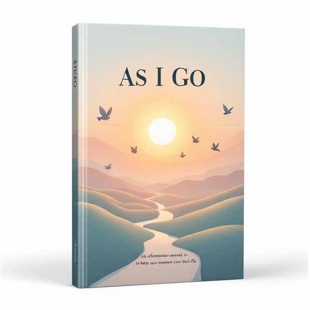 standing book mockup, Its title is "As I Go". Its author name is An affirmation journal to help you manifest your best life..  A serene and expansive sky with a rising sun, casting gentle hues of dawn across the top half of the cover. Silhouettes of doves soaring towards the sun are included to symbolize freedom and limitless potential. Subtle golden light rays emanating from the sun convey a sense of hope and inspiration. The lower portion of the cover features soft, rolling hills with a pathway leading forward. An elegant serif font for the title "As I Go," in bold uppercase letters, prominently displayed in an arch across the top. Below, in a delicate sans-serif font, the subtitle “An affirmation journal to help you manifest your best life” is placed gracefully in two lines at the bottom., The title is positioned prominently across the top section, with the sun and sky as a backdrop. The pathway leads the eye naturally from the bottom to the middle of the cover, with doves scattered throughout, creating a dynamic flow. The author's name, as the subtitle, is neatly aligned at the bottom center.