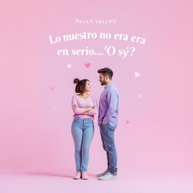 A pastel-colored background with a soft gradient, transitioning from light pink to lavender, sets the romantic tone. Positioned in the center, a girl with short hair and a curvy figure stands with her arms crossed, displaying an expression of playful annoyance. Beside her, a tall and handsome boy, slightly leaning towards her, gazes at her with an enamored expression. Delicate pastel heart motifs are subtly scattered across the background to enhance the romantic feel.
