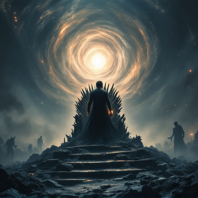 A striking image of Arael, standing atop a shattered, ash-covered throne, his gaze fixed on a swirling vortex of light and shadow above. The remnants of the "Blade of Remembrance" are glowing faintly in his hand. The background shows the ruins of the kingdom Oraith, shrouded in misty shades, with monstrous silhouettes lurking in the distance. The scene captures the epic scope of destruction and sacrifice, bathed in a palette of ashy grays, deep blues, and burning oranges.