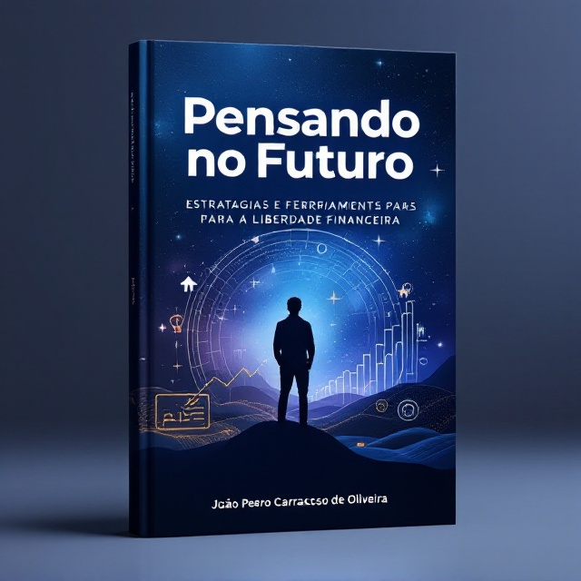 A deep boreal gradient blends blue and purple with subtle black undertones, suggesting stability and growth. In the center, a translucent silhouette of a person gazing at an infinite horizon is featured, embodying the contemplation of future financial planning. Delicate graphical elements like upward-trending charts are subtly interwoven, depicting progress and rising wealth. Small icons like a key, coins, and a wallet encircle the composition, symbolizing financial freedom and wealth accumulation.