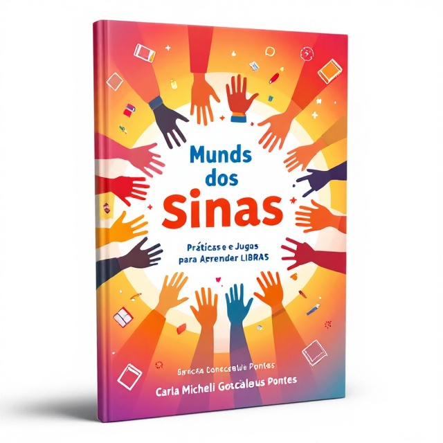The cover features a vibrant background with a gradient of warm colors, creating a sense of joy and warmth. In the center, stylized hands are depicted in different sign language positions forming a circular pattern, symbolizing communication and inclusion. Scattered around the hands are playful icons related to learning, such as books, pencils, and playful symbols signifying fun and education.