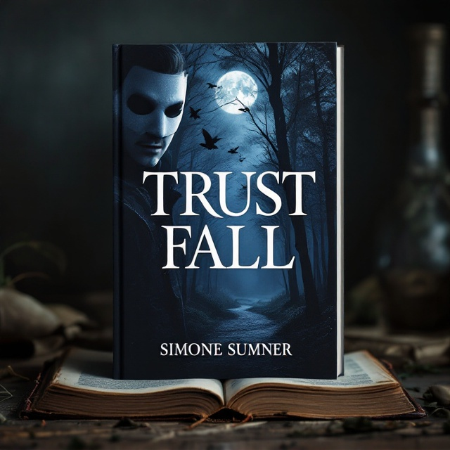 A mysterious forested trail under a moonlit sky serves as the backdrop. In the foreground, a man in a semi-transparent mask is partially obscured by shadows on the left side. Birds, subtly silhouetted, are in flight across the upper part of the cover. A weathered journal with frayed pages lies open in the bottom right corner, with its pages fluttering slightly as if caught in a whisper of wind. The overall palette primarily uses gradients of black, with subtle hints of dark purples and blues creating an intricate play of shadow and light.