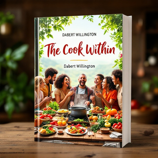 The cover features a lively kitchen scene, with a rustic wooden table set in the foreground. Various vibrant and colorful dishes are artfully arranged on the table - a mix of fresh vegetables, a steaming pot, and exotic spices. Surrounding the table, a diverse group of people are captured in mid-conversation and laughter, their expressions radiating excitement and surprise. Above them, an open window offers a glimpse of a lush green landscape, hinting at the connection between food and nature. The entire scene is bathed in warm, natural light that accentuates the freshness and energy of the gathering.