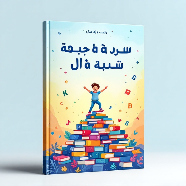 A vibrant, colorful design featuring a child joyfully climbing a mountain of books, symbolizing the journey and triumph over reading challenges. The background is a gradient from a soft blue at the top to a warm yellow at the bottom, evoking a sense of hope and transformation. Illustrated playful doodles and letters gently surround the child, creating a whimsical, inviting atmosphere.