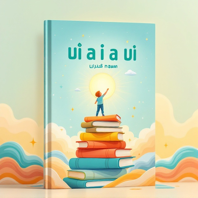 A whimsical illustration of a child standing on a stack of large, colorful books, reaching for the sun in the sky made of alphabet letters. The background is a gentle, gradient blend of warm hues transitioning from a soft blue to a bright yellow, symbolizing hope and enlightenment. Around the border, abstract waves represent flowing ideas and creativity, with subtle accents of stars and clouds.