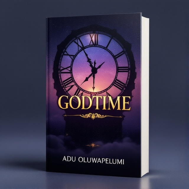 The cover features a mysterious, shadowy silhouette of a clock with Roman numerals against a twilight sky. The clock hands point dramatically at different times, casting a sense of suspense. In the background, faint clouds create an ethereal atmosphere. The color palette includes deep purples and golds, suggesting intrigue and divine timing.