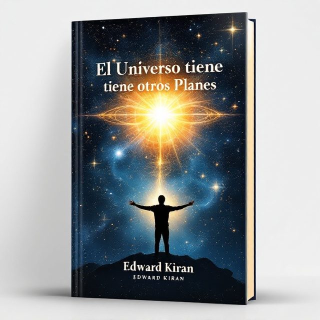 The cover features a dark blue cosmic background sprinkled with stars, galaxies, and swirling nebulae to represent the universe. A vibrant golden burst of energy emanates from the center, casting radiant light outward. Subtle geometric patterns, like the Fibonacci spiral, intertwine gently with the cosmic scene. At the bottom, a silhouette of a man stands with arms extended, reaching toward the cosmos, symbolizing connection and transformation.