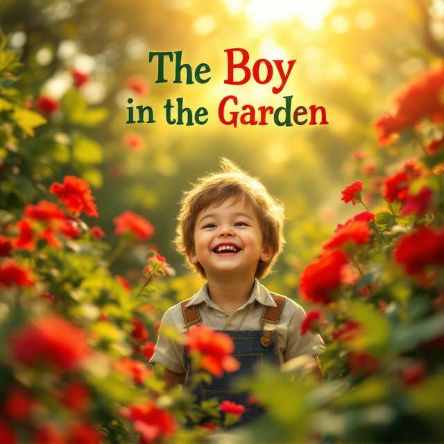 A vibrant and whimsical garden scene filled with vivid red flowers and lush greenery occupies the background. In the foreground, a young boy, full of joy, plays among the plants, his expression reflecting wonder and adventure. Golden sunlight filters through the trees, casting playful shadows, and suggesting a sense of hope and the divine timing alluded to in the emotion.