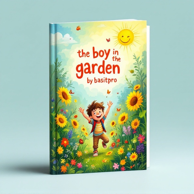 A vibrant, whimsical illustration of a young boy joyfully playing in a lush garden filled with colorful flowers, towering sunflowers, and playful butterflies. The boy is depicted in mid-motion, capturing the essence of adventure and discovery. Above him, a smiling sun beams down, infusing the entire scene with warmth and cheerfulness. The background blends various shades of green to reflect the abundance of nature.