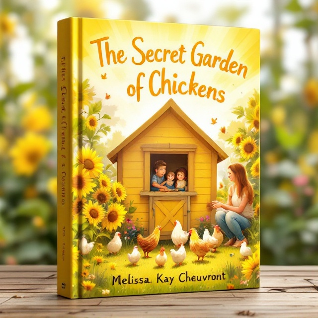 A bright and cheerful scene is depicted with a yellow chicken coop centered on the cover. Sunflowers bloom vibrantly beside the coop, surrounded by a variety of colorful flowers. The sun casts golden rays, illuminating the entire scene. A young boy joyfully interacts with his mother near the coop, surrounded by eight playful chickens. The entire illustration exudes warmth and happiness, capturing a family moment in this secretive, enchanting garden.