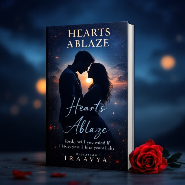 A dimly lit scene featuring a silhouetted couple in an intimate embrace under a moonlit sky. The background is a subtle wash of deep blue hues, with gentle wisps of clouds, adding a dreamlike quality. A single red rose lies in the foreground, symbolizing passion and love, while a subtle flame motif weaves through the background to suggest the 'Ablaze' theme.