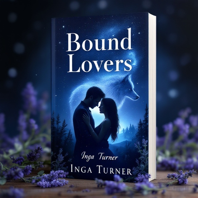 A mysterious and passionate cover featuring a couple in a gentle embrace under a starry night sky. Their figures are partially shadowed, creating an aura of mystery. A ghostly image of a wolf subtly blends into the background stars, adding an element of suspense. Lavender sprigs are gently scattered throughout to add a touch of elegance and harmony. The primary color is deep blue, enveloping the scene with an air of romance and allure.